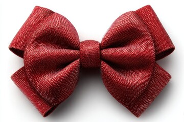 Detailed view of a stylish handmade red bow tie, crafted from textured fabric, lying neatly on a plain white background, suitable for weddings or formal occasions