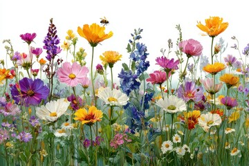 Various colorful wildflowers blossom in a summer garden as a bee flies and a ladybug rests on a daisy, and a butterfly flits among the blooms