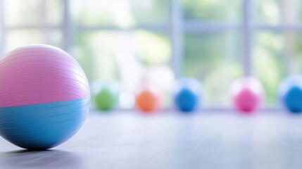 Colorful gym balls arranged for a fitness class in a bright studio