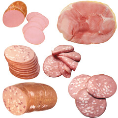 Assorted sliced sausages and ham isolated on transparent background, variety of deli meat products