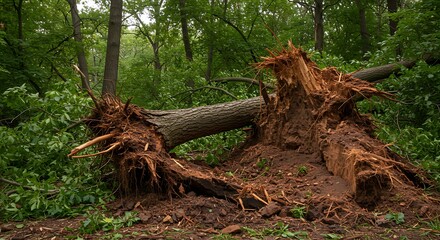 Obraz premium Fallen tree in forest showing uprooted roots and trunk