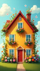 Whimsical Cartoon House Adorned with Flowers