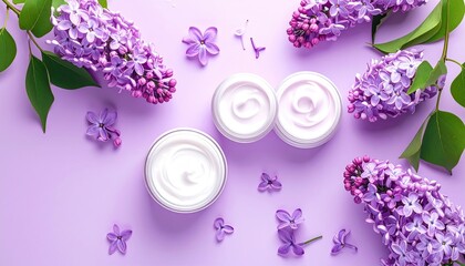 Cosmetic jars surrounded by lilac flowers on a pastel purple surface