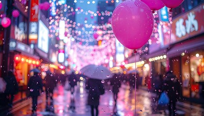 Rainy streetscape with balloons, lights, and people, blurred and festive atmosphere