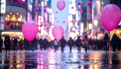 Pink balloons float over a bustling city street with blurred pedestrians