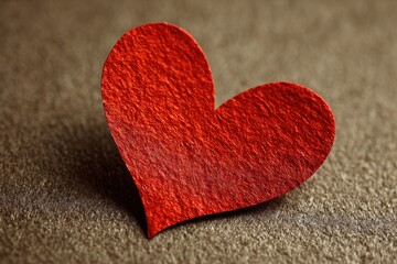 Red felt heart sits on textured grey fabric, symbolizing love, affection, or a handmade craft, ideal for Valentine's Day or expressing heartfelt emotions
