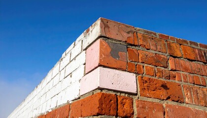Corner of a weathered brick wall with white, red, and pink elements against blue sky