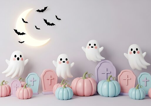 Cute Halloween Background with Pastel Pumpkins Ghosts Tomestones and Moon