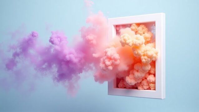 A surreal burst of vibrant pink, purple, and orange smoke erupts from a white frame against a light blue background.
