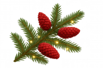 Pine branch with red christmas pinecones and glowing string lights on transparent background