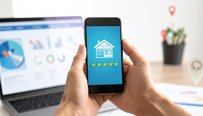 Hands holding phone displaying house icon, with laptop & charts in the background