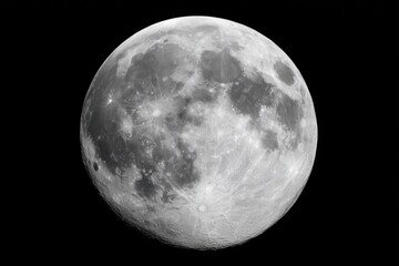 High definition close up of the Moon showing the lunar surface and craters against a dark black background, emphasizing astronomical detail