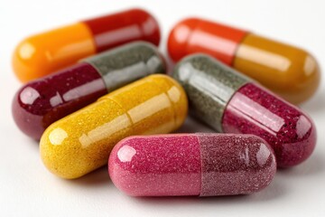 Close-up studio shot shows five vibrant, colorful capsules standing side-by-side against a white background, each with a unique hue and texture