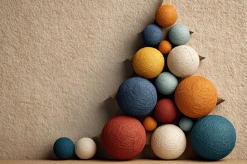 Festive christmas tree decoration made of felt balls on a craft paper background conveys holiday spirit and creativity, suggesting a cozy, handmade christmas