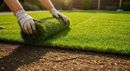 Naklejka premium Lawn installation hands rolling out fresh turf on a sunny day