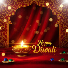 Happy Diwali Illuminated Oil Lamp Against Festive Backdrop