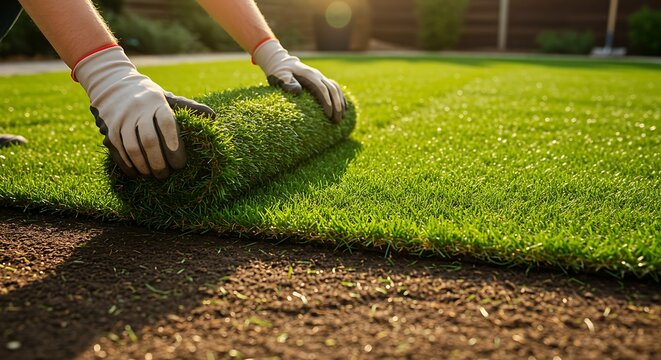 Lawn installation hands rolling out fresh turf on a sunny day - Powered by Adobe