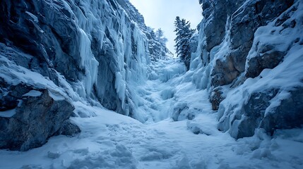 Majestic frozen waterfall cascading down a narrow icy canyon in a winter wonderland