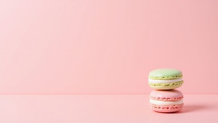 Two colorful pink and green macarons stacked on a solid pink background with copy space.