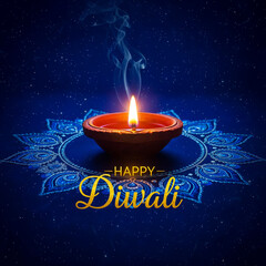 Diwali Celebration A Lit Diya on a Blue Mandala
