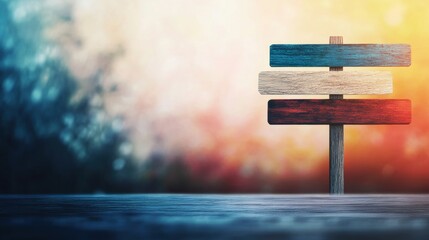 Fototapeta premium Signpost stands still against a blurred colorful background in soft light