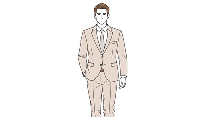 An illustration of a man standing upright in a beige suit. The character has brown hair and a tie. White background