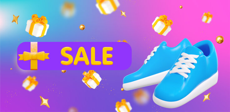 3d banner with blue sneakers, shoes, hiking footwear and yellow Sale sign letters. Sale and discount text design element. Stock vector illustration on isolated background. - Powered by Adobe