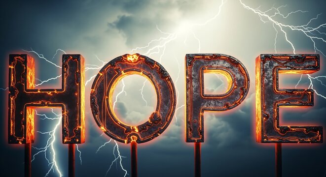 Glowing 'hope' Text Art Against Stormy Sky with Lightning Strikes