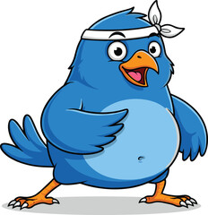 Cartoon blue bird wearing white headband, funny martial arts animal character, cute fighter illustration, karate bird mascot design, sports training artwork