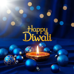 Happy Diwali Celebration with Lit Diya, Ornaments, and Shimmering Lights