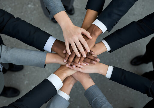 teamwork and unity in business, diverse hands stacked in corporate collaboration