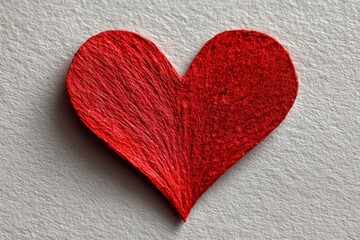 Red felt heart sits on textured grey fabric, symbolizing love, affection, or a handmade craft, ideal for Valentine's Day or expressing heartfelt emotions