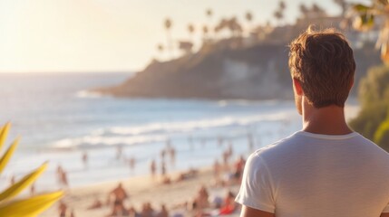 Man gazes at sunset over crowded beach in coastal vacation spot