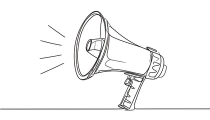 An illustration of a megaphone rendered in a simple continuous line art style on a white background. The sound waves are represented as straight lines