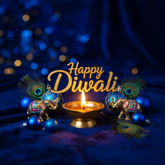 Happy Diwali Celebration with Lit Diya, Ornaments, and Peacock Feathers