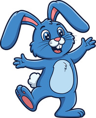 Cartoon blue rabbit, cheerful animal character, joyful bunny pose, cute design, kids content, animated style, smiling face, playful expression, fun art
