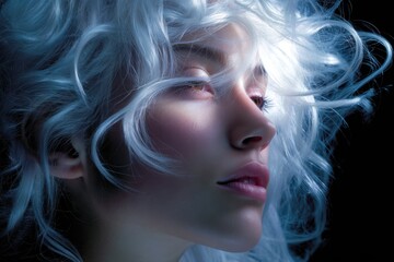 Fototapeta premium Portrait of a woman with curly white hair against a dark background highlighting her features