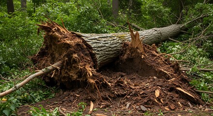 Fototapeta premium Fallen tree with exposed roots in forest environment after storm