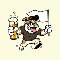 Aggressive Running Bulldog Mascot with Beer and Flag