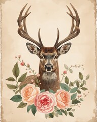 Deer Antlers and Flowers Floral Illustration for Vintage Art and Nature-Themed Decorative Wall Art