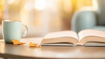 Cozy reading session with a warm drink and autumn leaves on a table