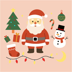 santa claus with christmas tree, snowman, gifts, stocking, candy cane, and ornaments, flat cartoon illustration, holiday decoration, festive background, winter celebration