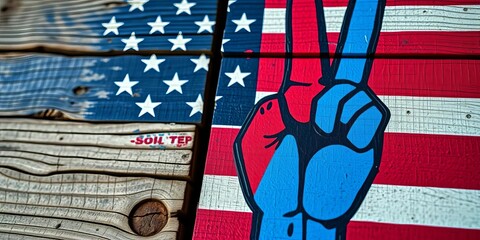 Close-up of a hand-painted American flag peace sign on weathered wood,  wood,  vintage