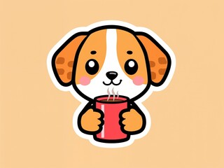 Cute Cartoon Puppy Holding Coffee Cup Illustration - Cheerful and Whimsical Digital Art of a Lovable Family Pet on an Orange Background