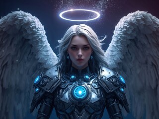 Ethereal Angel Warrior with Glowing Wings and Halo: Anime-Inspired Female Fantasy Art Portrait
