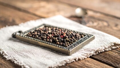 A rectangular tray of mixed peppercorns on a linen cloth