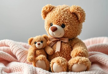 Adorable brown teddy bear with matching smaller plush bear, sitting on soft blanket,  playtime,  small
