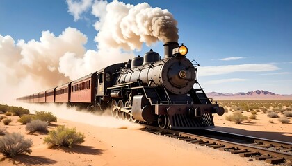 Steam train in desert landscape (1)