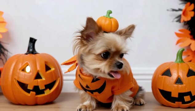 Adorable Yorkshire Terrier Dog Dressed in Halloween Pumpkin Costume with Jack-o'-Lanterns