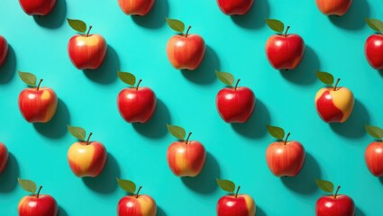 A vibrant, repeating pattern of red and yellow apples with green leaves arranged in a grid on a turquoise background.